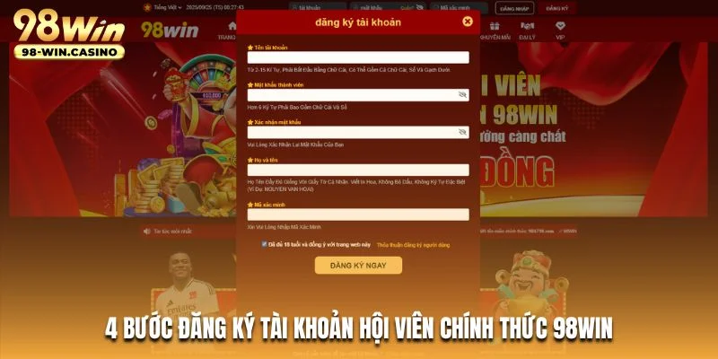 4 bước đăng ký tài khoản hội viên chính thức 98WIN